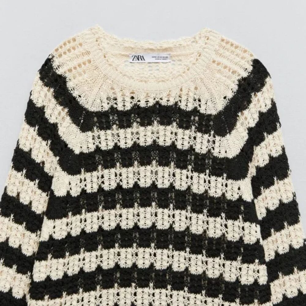 Black Cream Striped Pointelle Open Knit Long Sleeve Pullover Tunic Sweater (NWT) - Picture 5 of 7